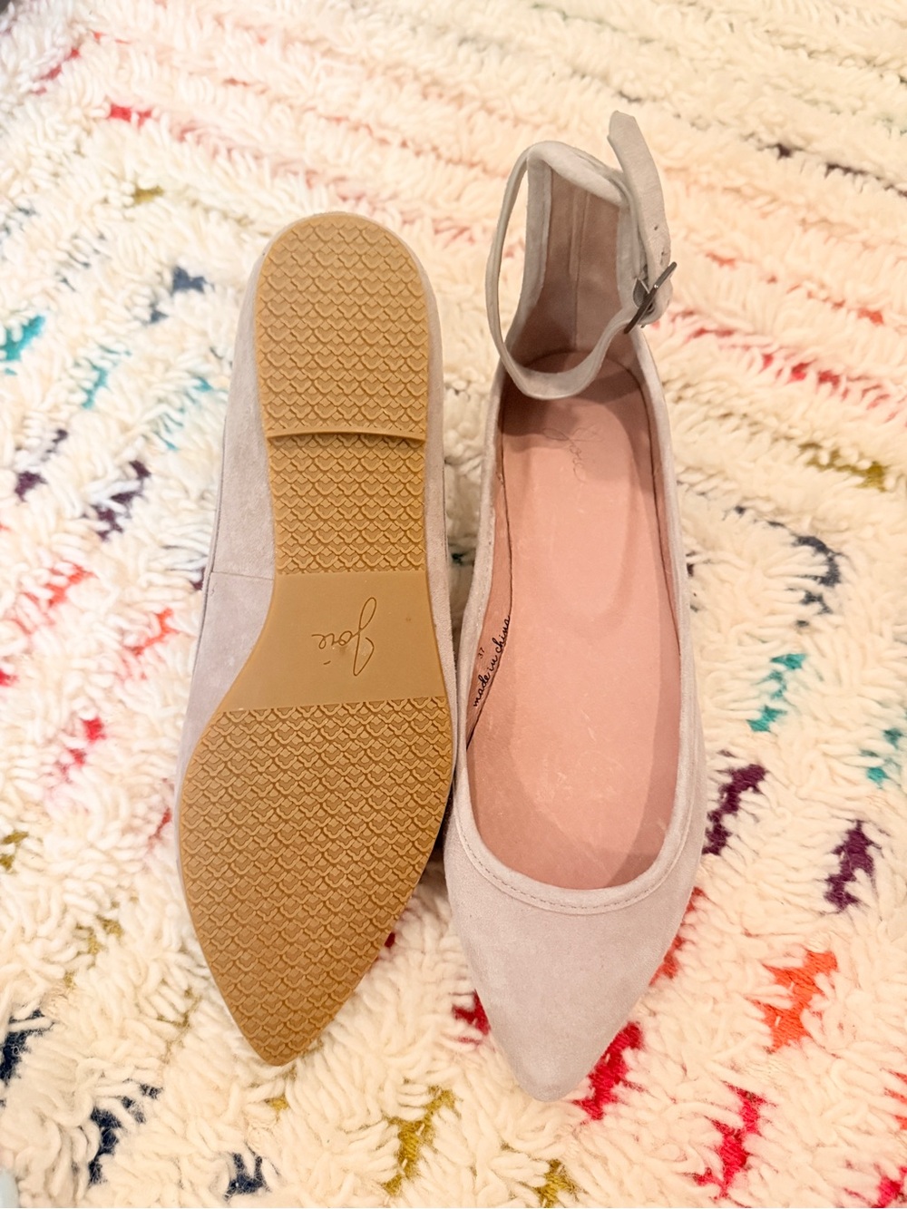 Joie Pointed Ankle-Strap Flats in Light Gray Suede